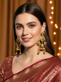 Fabula - Gold Heritage Kashmiri Drop Earrings Elephant Design with Ghungroo Detailing