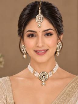 OOMPH - Mehndi Gold Jadau Kundan Studded Poth Moti Mala Ethnic Jewellery Set