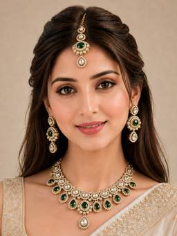 OOMPH - Mehndi Gold Tone Kundan and Green Stones Jewellery Set