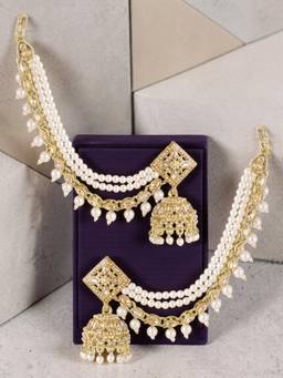 Fabula - White Color Jhumka Earrings with Hair Kaan Chain Gold Tone Kundan and Pearls