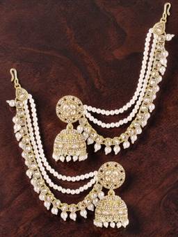 Fabula - White Color Jhumka Earrings with Hair Kaan Chain Kundan and Pearls