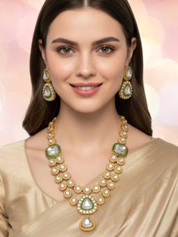 Fabula - Kundan Jadau Jewellery Set Green Stones and Pearls Detailing