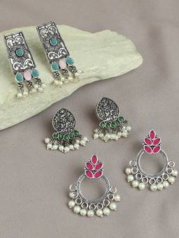 Fabula - Pack of 3 Oxidised Silver Ethnic Drop Earrings Pink, Maroon and Green