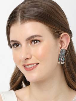 Fabula - Oxidised Silver Ethnic Drop Earrings Pink and Blue Stones Geometric Floral Design