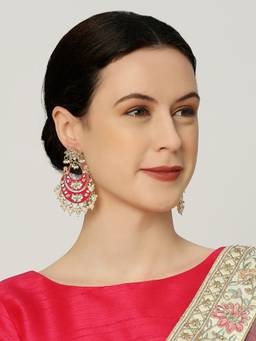 Fabula - Rani Pink Meenakari Chandbali Earrings with Kundan Lotus Design