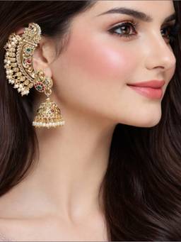 Fabula - Multi-Color Tone Ethnic Jhumka Ear Cuff Earrings Peacock Design with Kemp Stone