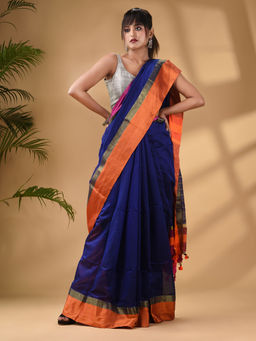 Arhi - Blue Cotton Blend Handwoven Saree with Unstitched Blouse