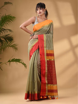 Arhi - Ecru Cotton Blend Handwoven Saree with Unstitched Blouse