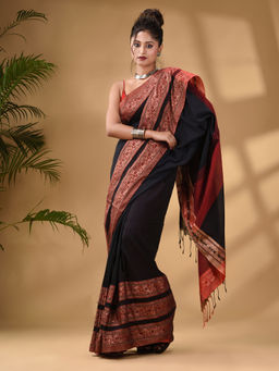 Arhi - Black Cotton Handwoven Soft Saree with Unstitched Blouse