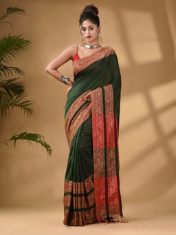 Arhi - Green Cotton Handwoven Soft Saree with Unstitched Blouse