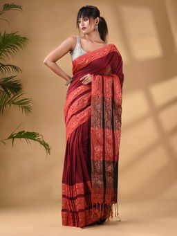 Arhi - Dark Red Cotton Handwoven Soft Saree with Unstitched Blouse
