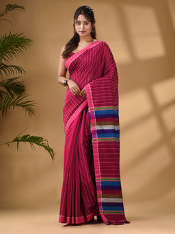 Arhi - Pink Handwoven Kantha Style Cotton Silk Saree with Unstitched Blouse