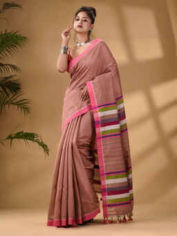 Arhi - Beige Handwoven Kantha Style Cotton Silk Saree with Unstitched Blouse