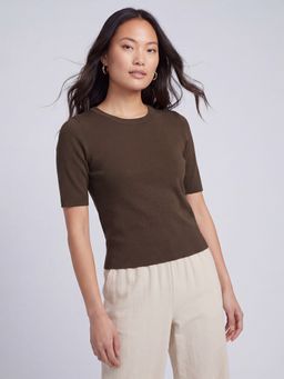 max - Brown Women Solid Round Neck Elegant Relaxed Elegant Relaxed Top