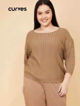 max - Brown Women Stripes Round Neck Trendy Classic Trendy Top