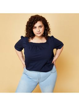 max - Navy Women Blue Solid Square Neck Soft Comfortable Classic Top