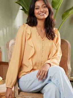 max - Yellow Women Solid V-Neck Trendy Classic Smart Top