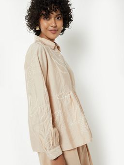 max - Beige Women Embroidered Collar Neck Chic Comfort Fashionable Top