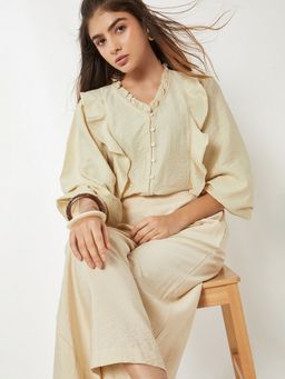 max - Beige Women Solid V-Neck Smart Stylish Premium Casual Top