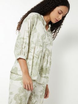 max - Off Women White Printed Mandarin Neck Elegant Relaxed Trendy Top