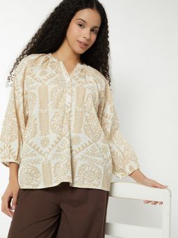 max - Brown Women Printed Mandarin Neck Chic Comfort Modern Top
