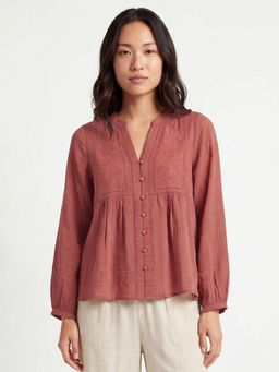 max - Rust Women Embroidered V-Neck Premium Fit Daily Wear Top