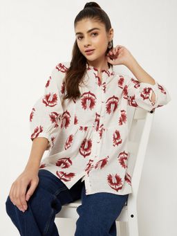 max - Off Women White Printed Collar Neck Contemporary Chic Relaxed Top