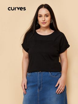 max - Black Women Solid Round Neck Relaxed Premium Minimal Top