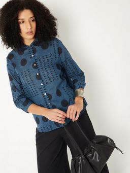 max - Blue Women Geometric Collar Neck Classic Comfort Premium Casual Shirt