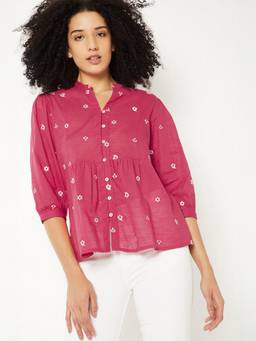max - Red Women Printed Collar Neck Premium Casual Soft Comfortable Top
