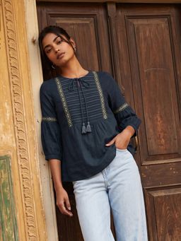 max - Blue Women Round Neck Premium Fit Daily Wear Top