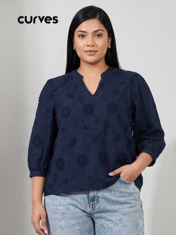 max - Blue Women Embroidered Mandarin Neck Stylish Everyday Minimal Top