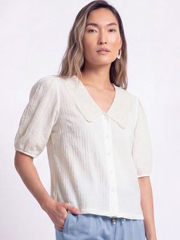 max - Cream Women Textured Round Neck Daily Wear Elegant Relaxed Top