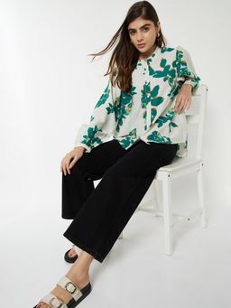 max - Off Women White Printed Mandarin Neck Easy Comfort Modern Top