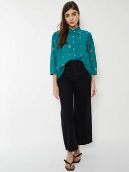 max - Teal Women Embroidered Mandarin Neck Soft Comfortable Classic Top