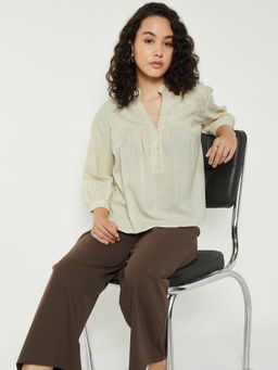 max - Cream Women Embroidered Mandarin Neck Trendy Classic Smart Top