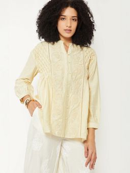 max - Off Women White Embroidered Mandarin Neck Modern Casual Relaxed Top
