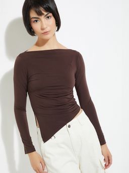 max - Brown Women Solid Boat Neck Smart Stylish Premium Casual Top
