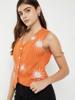 max - Orange Women Embroidered V-Neck Contemporary Chic Stylish Everyday Top