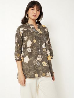 max - Grey Women Floral Mandarin Neck Relaxed Premium Elegant Relaxed Top