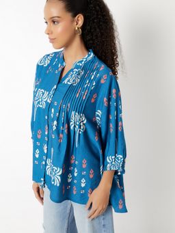 max - Blue Women Floral Mandarin Neck Stylish Everyday Comfort Fit Top
