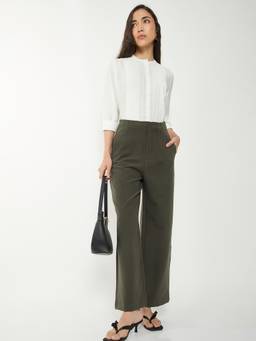 max - Cream Women Solid Mandarin Neck Relaxed Premium Elegant Relaxed Top