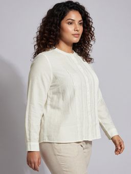 max - Cream Women Solid Mandarin Neck Classic Comfort Chic Top