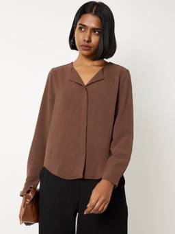 max - Brown Women Solid Collar Neck Soft Comfortable Classic Top