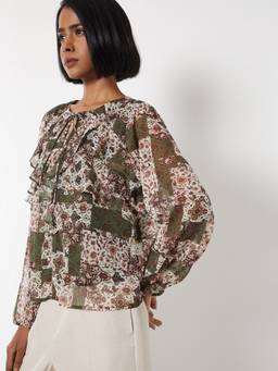 max - Green Women Floral V-Neck Elegant Relaxed Daily Wear Top