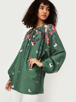 max - Green Women Floral Mandarin Neck Premium Fit Versatile Top