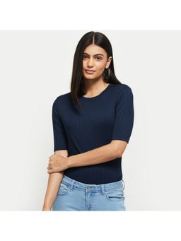 max - Navy Women Blue Solid Round Neck Easy Comfort Soft Comfortable Top