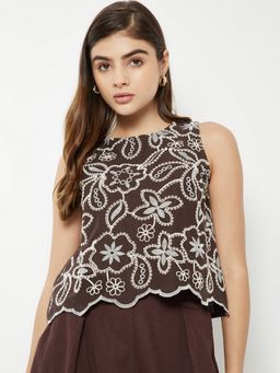 max - Brown Women Embroidered Round Neck Relaxed Premium Elegant Relaxed Top