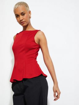 max - Red Women Solid Boat Neck Premium Fit Versatile Top