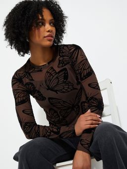 max - Brown Women Printed Round Neck Smart Stylish Premium Casual Top